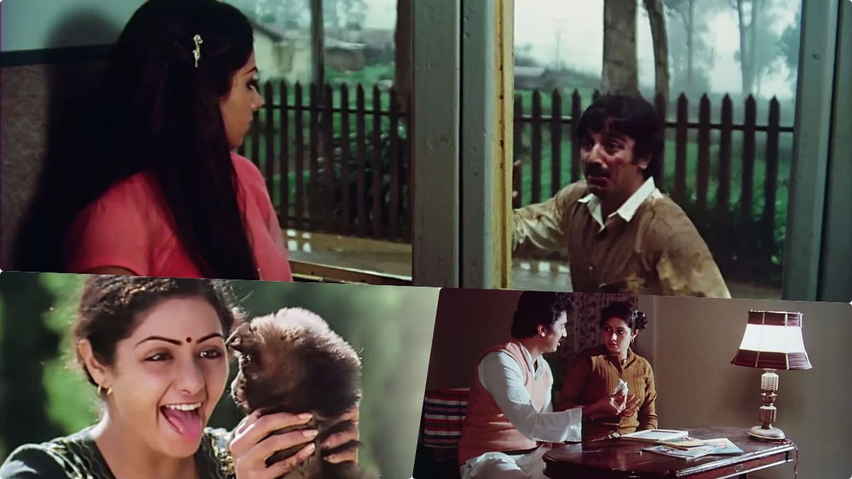 A nostalgic still of Kamal Haasan as Seenu and Sridevi as Viji from the classic Tamil film Moondram Pirai, celebrating its digital premiere.