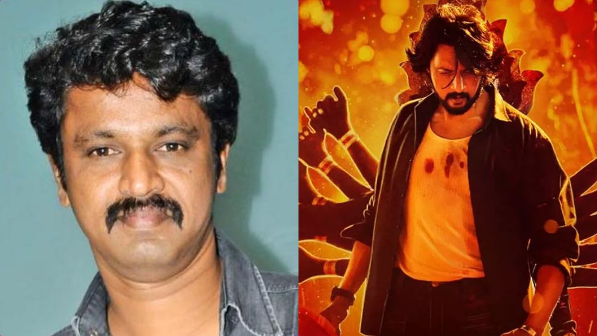 A collage showing Kichcha Sudeep from his movie Max and director Cheran.