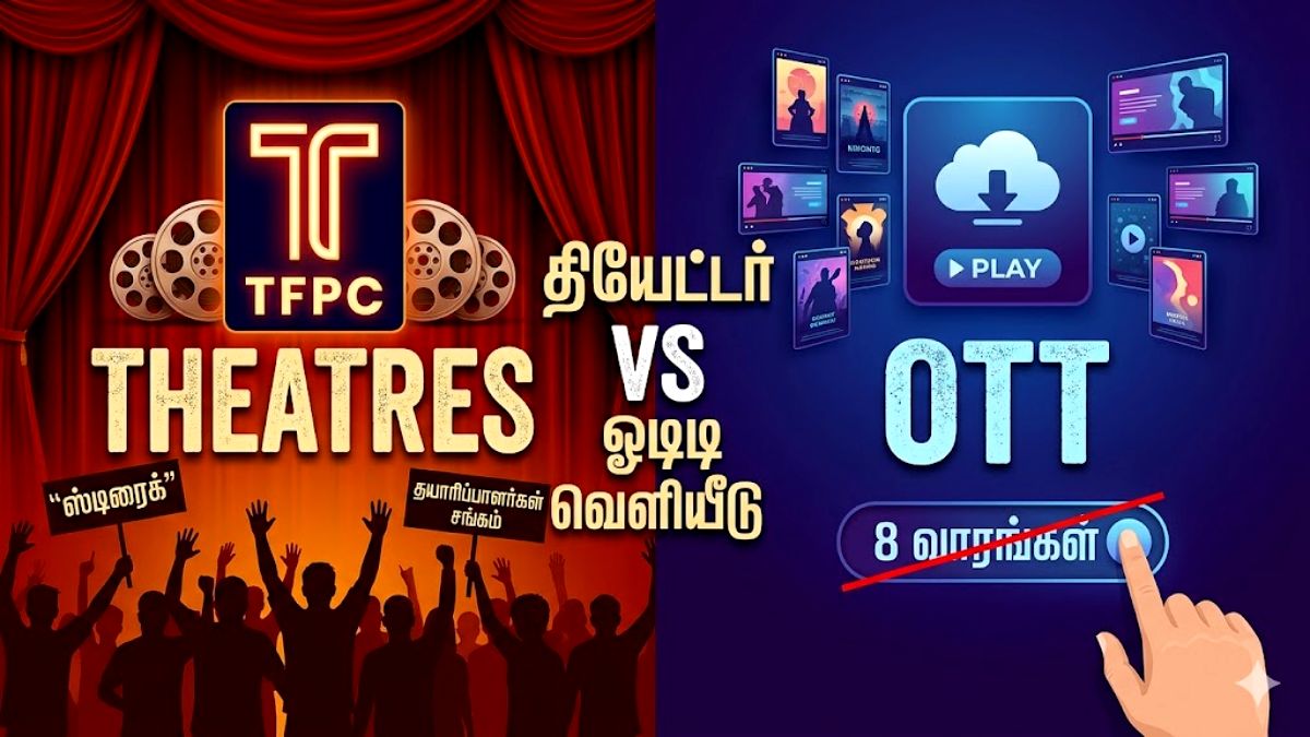 A split illustrative graphic contrasting traditional cinema theatres with digital OTT streaming platforms to highlight the current industry strike issues.