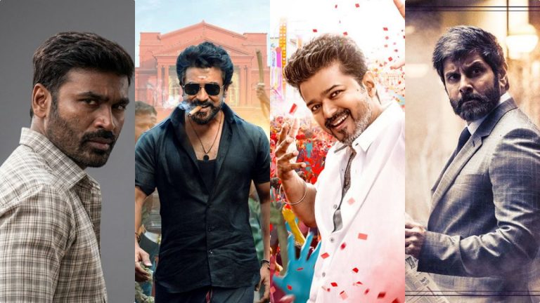 Collage of upcoming Tamil movies Kara, Karuppu, Jananayagan, and Dhruva Natchathiram for Summer 2026.