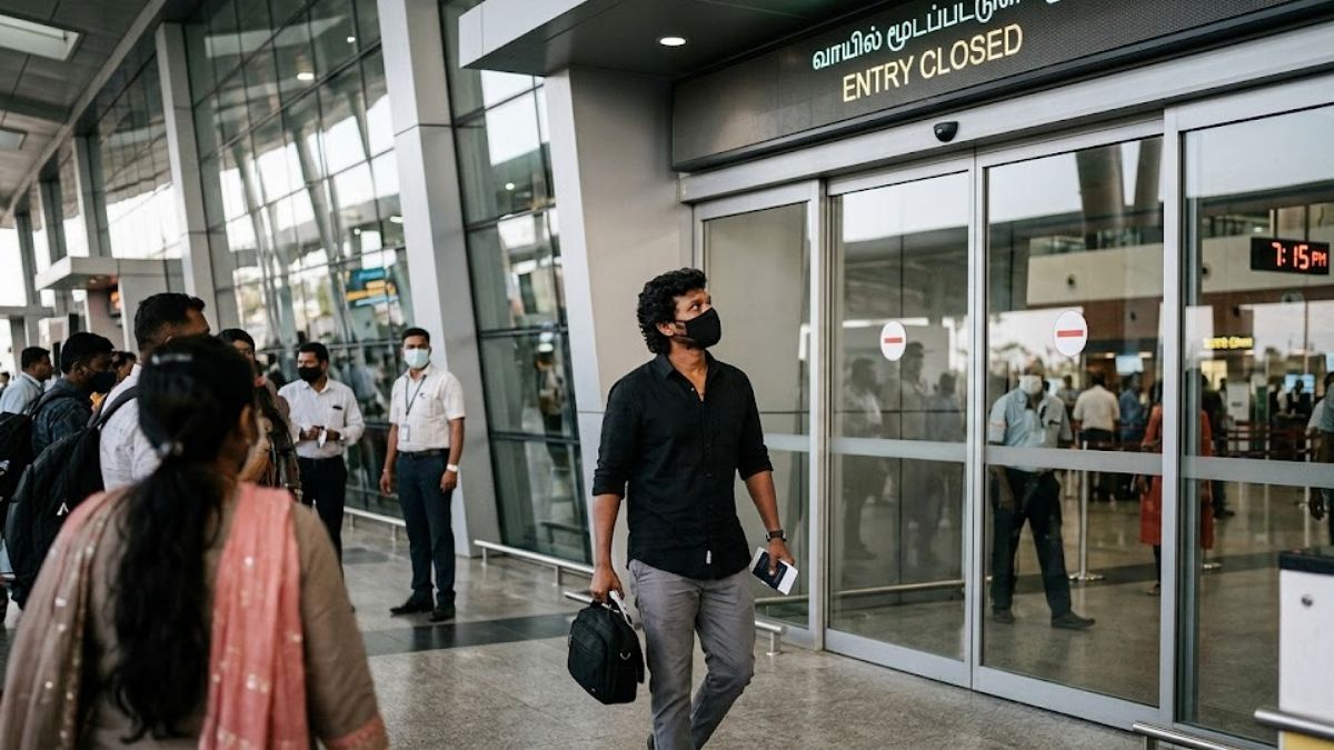 Director Lokesh Kanagaraj standing near a closed boarding gate at the airport, looking disappointed after missing his flight to Coimbatore.