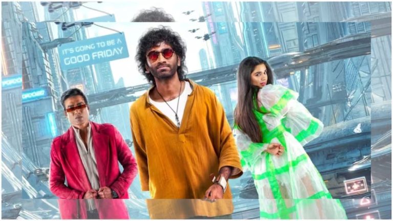 Movie still of Pradeep Ranganathan and SJ Suryah in Love Insurance Kompany futuristic Chennai 2040.