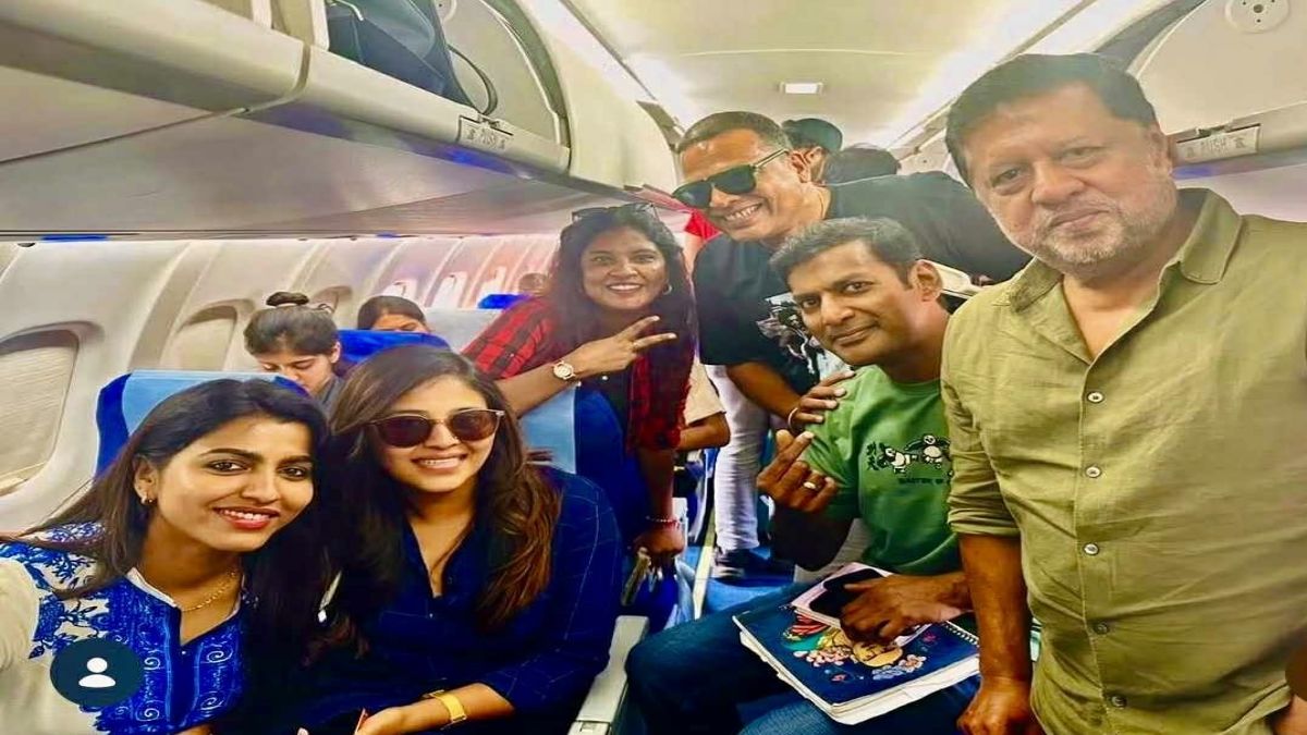 The cast and crew of the movie Magudam, including the direction team, traveling back to Chennai from Kakinada after schedule wrap.