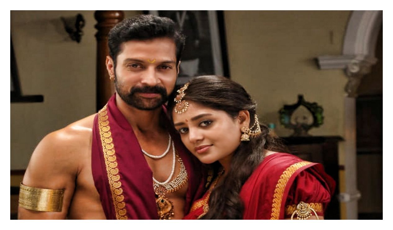 Actor Santhosh Prathap and Deepshika Umapathy in a still from the Tamil fantasy movie Maragathamalai (2026).