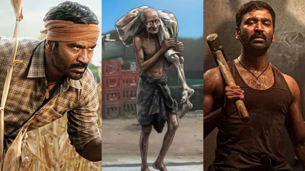 A side-by-side comparison or collage featuring Director Mari Selvaraj’s social media review and Dhanush’s intense look as Karasaami in the movie Kara (கர).