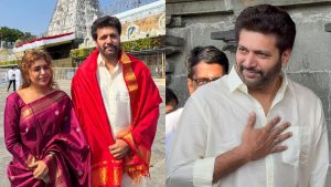 Actor Mohan Ravi at Tirumala Temple with Kenishaa Francis on Tamil Nadu election day 2026.