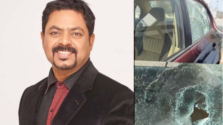 Music composer James Vasanthan's car with a broken window parked near a restaurant in Kottivakkam.
