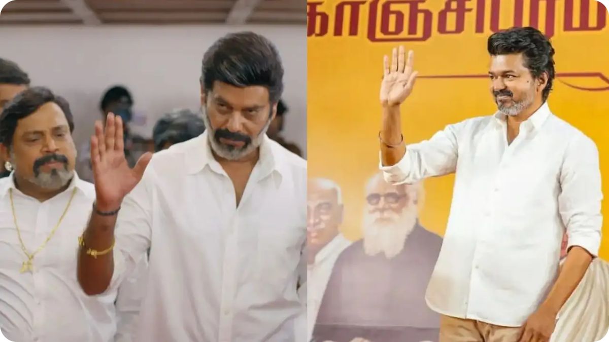 Actor Natty Natraj from the movie TN 2026 strikes a pose that mimics Actor Vijay's signature style.