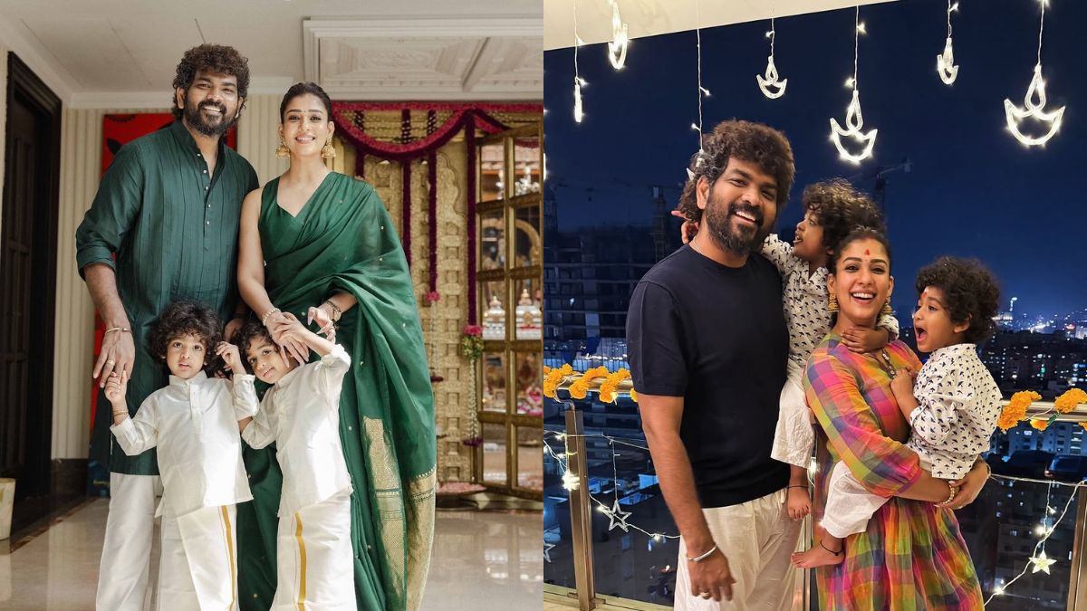 Actress Nayanthara and director Vignesh Shivan with their children in a candid 2026 family photo.