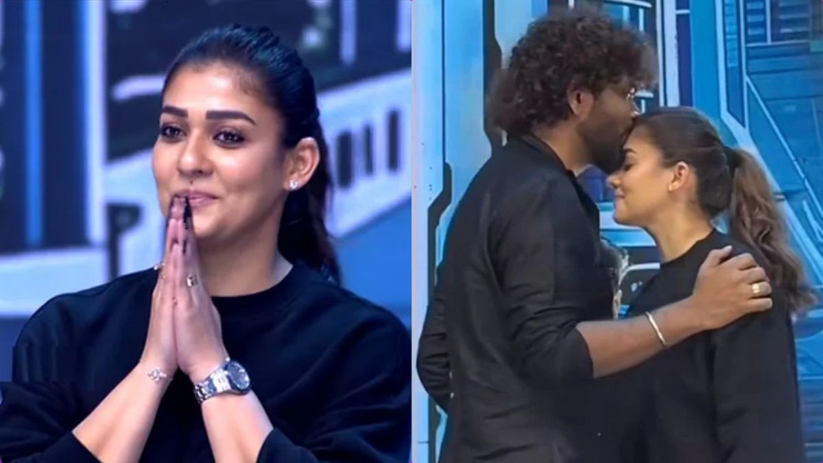 Nayanthara Surprise LIK Entry : மேடையில் நயன் செம சர்ப்ரைஸ் - விக்கி எமோஷனல்! 1 Actress Nayanthara and director Vignesh Shivan sharing an emotional moment on LIK movie stage.