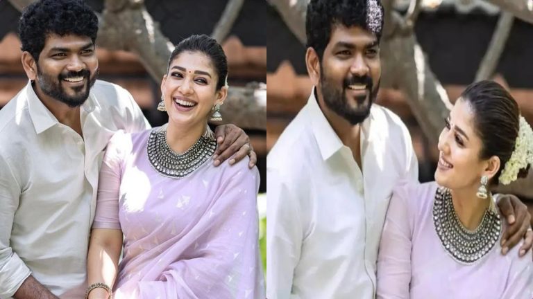 Nayanthara and Vignesh Shivan together on a promotional poster for Rowdy Pictures and LIK.