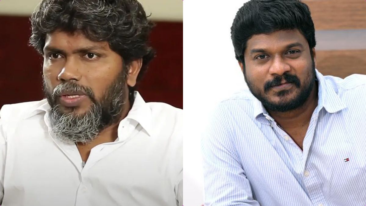 Director Pa. Ranjith and actor Manikandan in a discussion on the sets of Makkal Kaavalan produced by Neelam Productions.