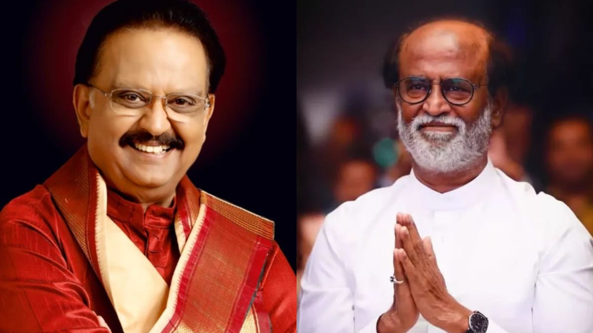 Superstar Rajinikanth sharing a heartwarming story about SP Balasubrahmanyam singing on a flight during the statue tribute.
