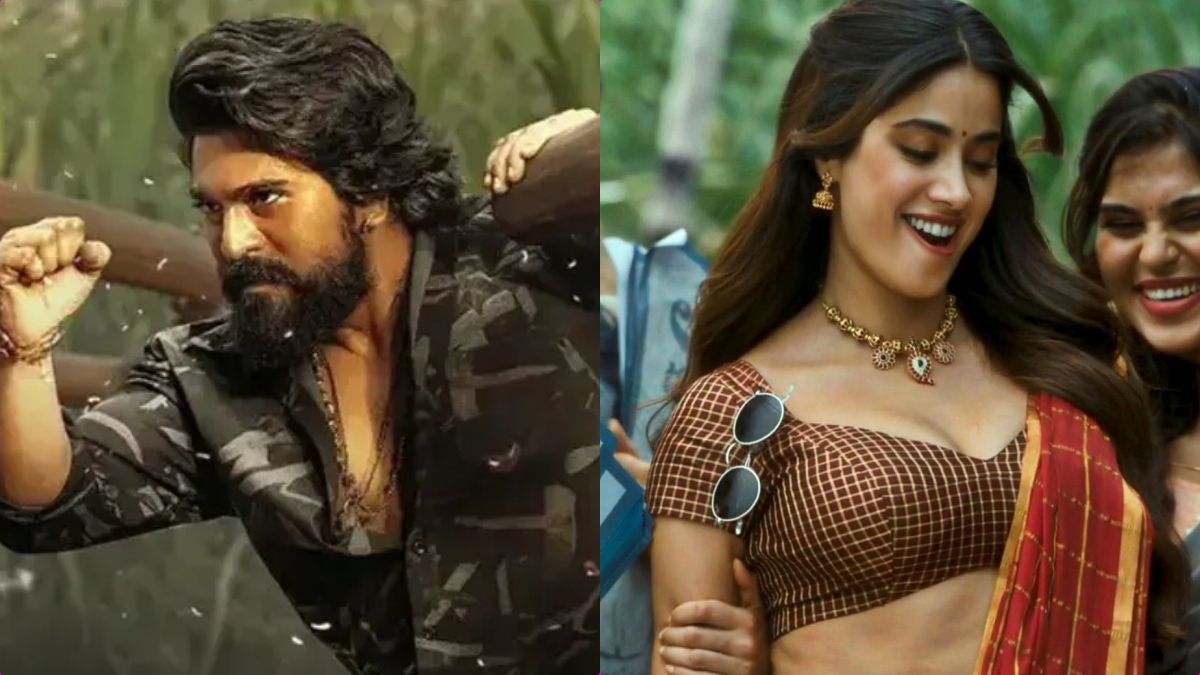 Ram Charan and Janhvi Kapoor posing together during the Peddi movie launch event.