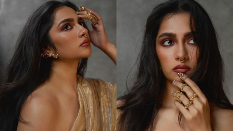 Actress Rukmini Vasanth posing in a stylish outfit for a high-fashion aesthetic photoshoot.