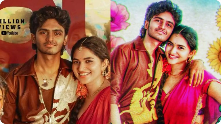 Music composer Sai Abhyankkar and actress Kayadu Lohar in a still from Pavalamalli song celebrating 100 million views.