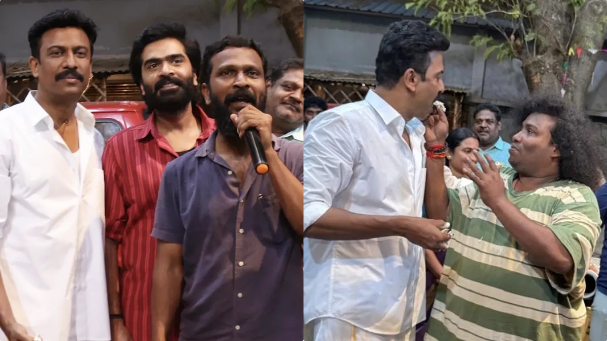 Actor Samuthirakani cutting a cake with Silambarasan TR and Andrea on the sets of Arasan movie.