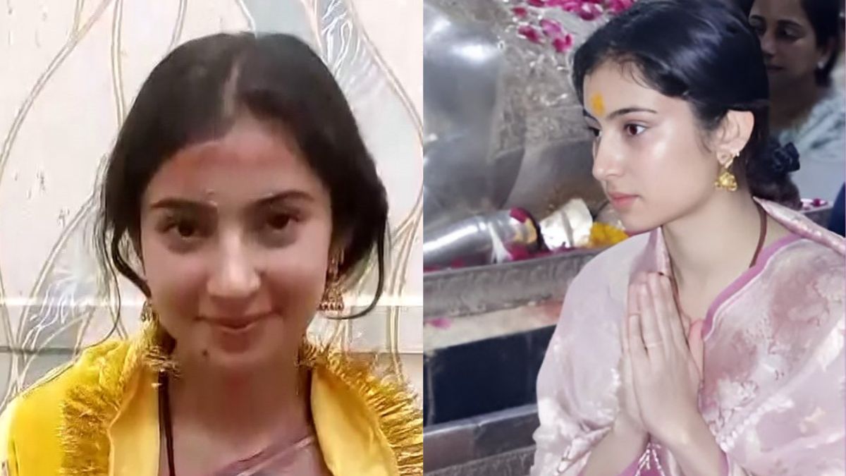 Actress Sara Arjun in traditional attire at Mahakaleshwar Temple Ujjain after Dhurandhar movie success.