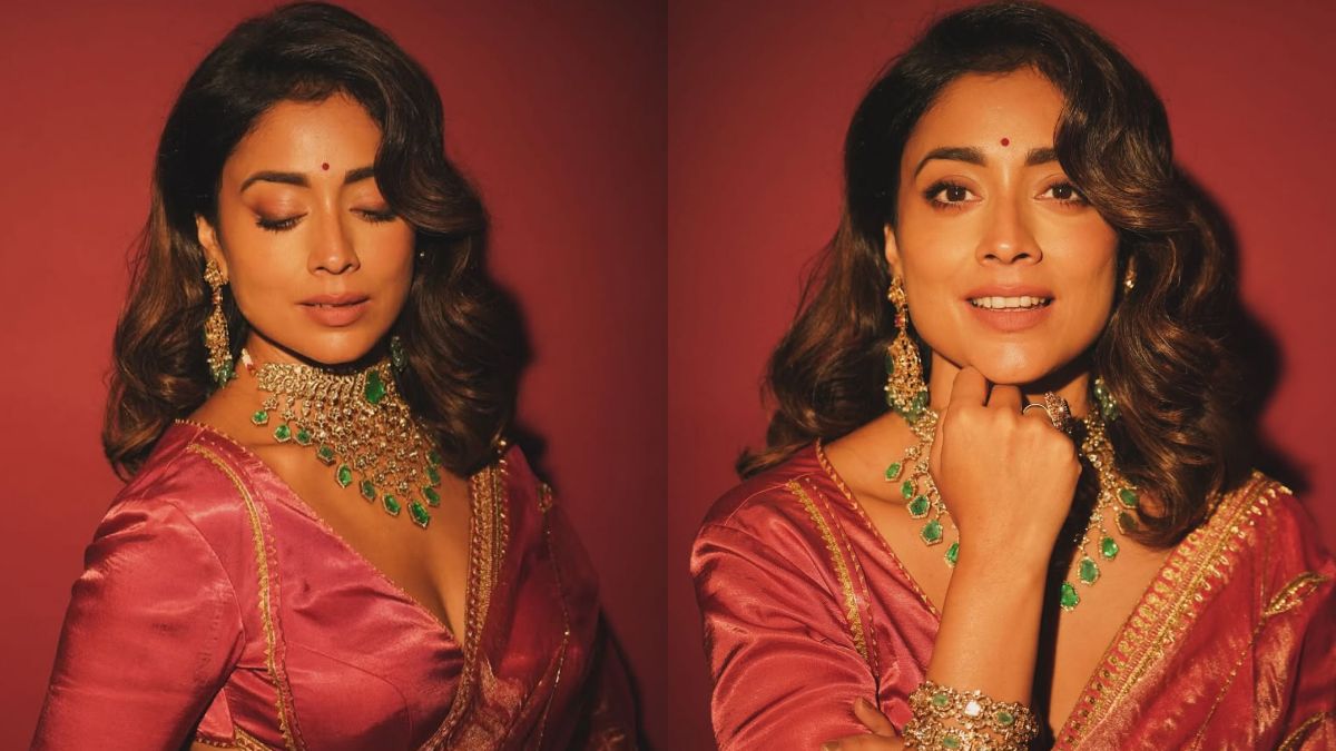 Full-length view of Shriya Saran in a vibrant fusion outfit by sithara_kudige.