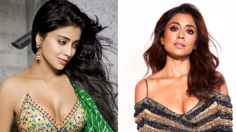 Actress Shriya Saran posing in a designer outfit by sithara_kudige for her latest Instagram photoshoot.