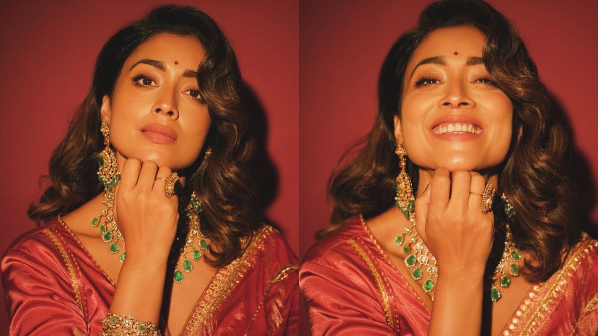 Actress Shriya Saran posing in a designer outfit from the sithara_kudige collection.