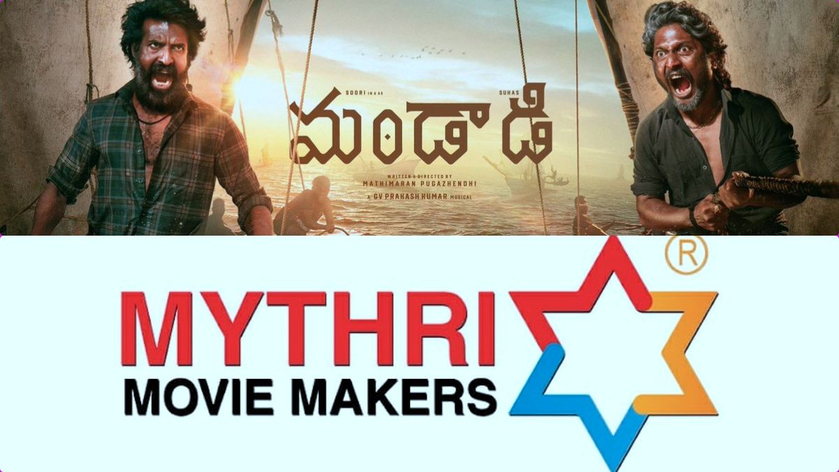 Promotional poster of Soori's Mandaadi alongside the Mythri Movie Makers production logo.