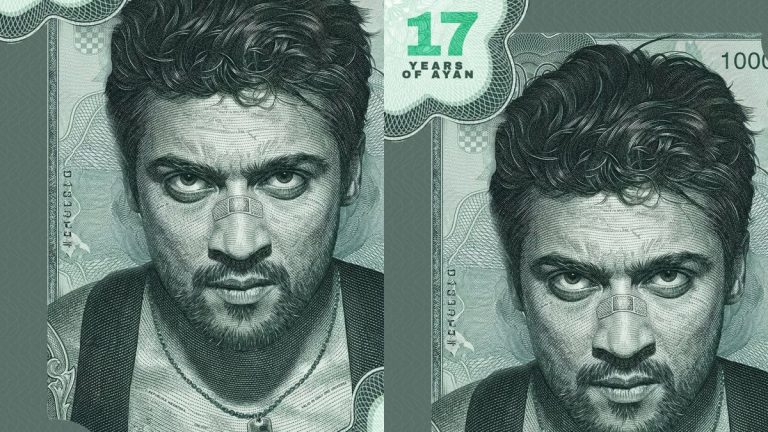 Actor Suriya in a stylish pose from the blockbuster movie Ayan celebrating 17 glorious years.
