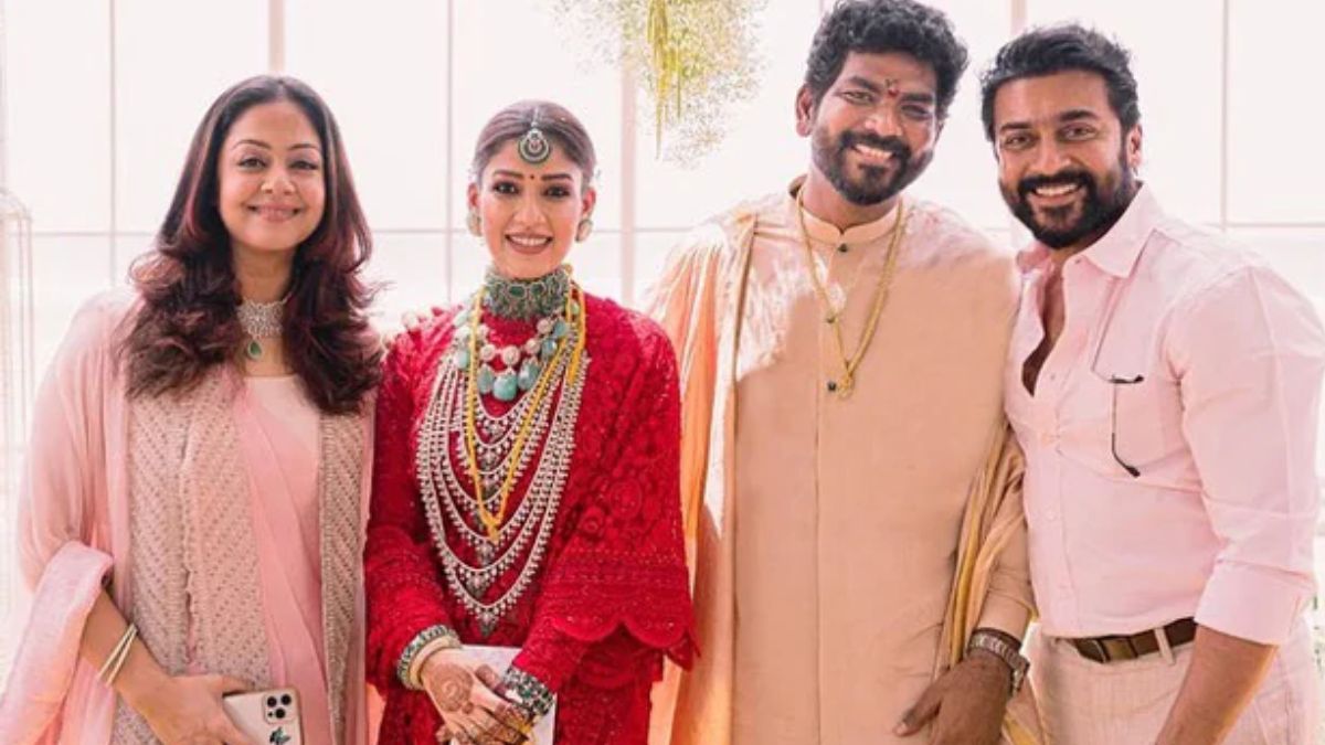Actors Suriya and Jyothika attending the grand wedding of director Vignesh Shivan and actress Nayanthara.
