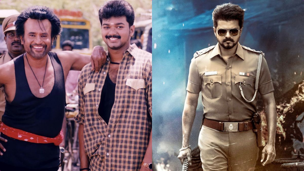 Split image of Rajinikanth and Vijay regarding the film Jana Nayagan piracy issue.