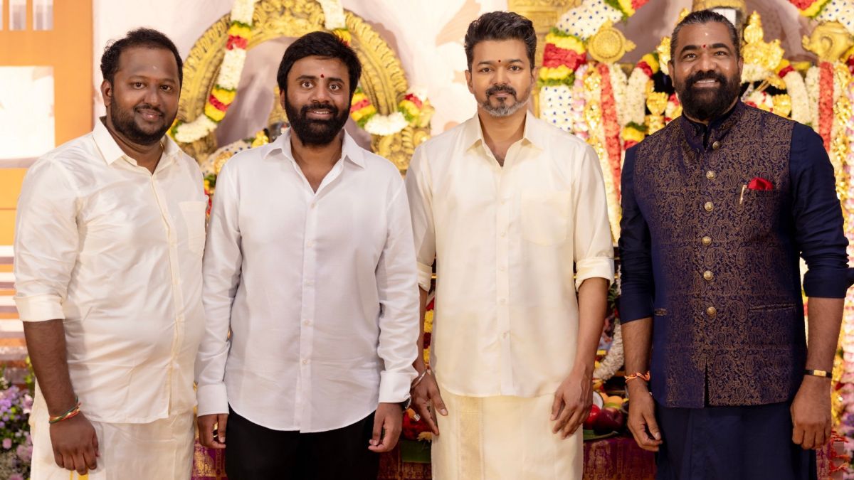 Concept art showing actor Vijay contemplating his 70th film for KVN Productions alongside directors Atlee, Nelson, and Lokesh