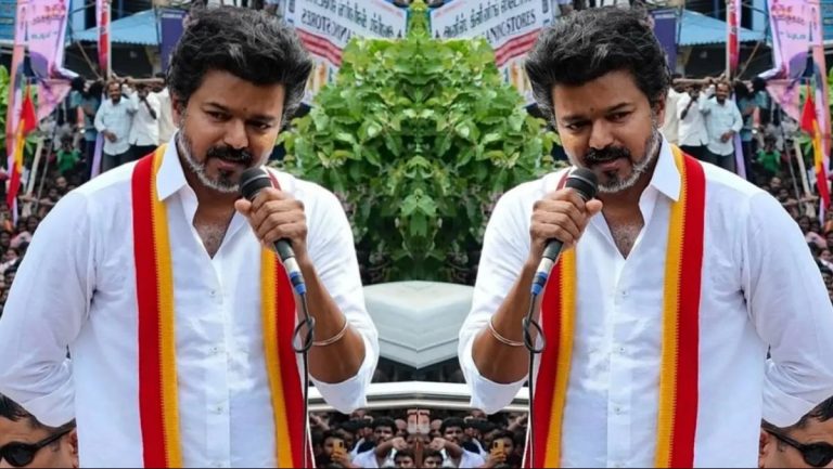 TVK Leader Vijay addressing a massive political gathering in Tiruchirappalli for 2026 elections