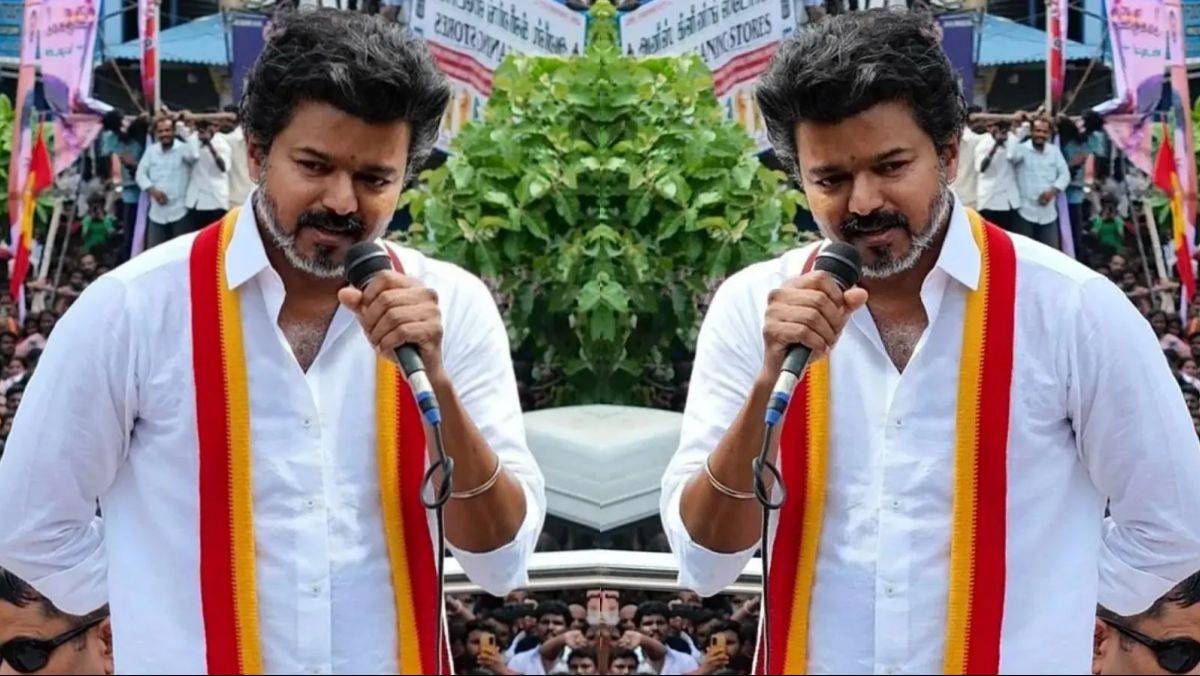 TVK Leader Vijay addressing a massive political gathering in Tiruchirappalli for 2026 elections