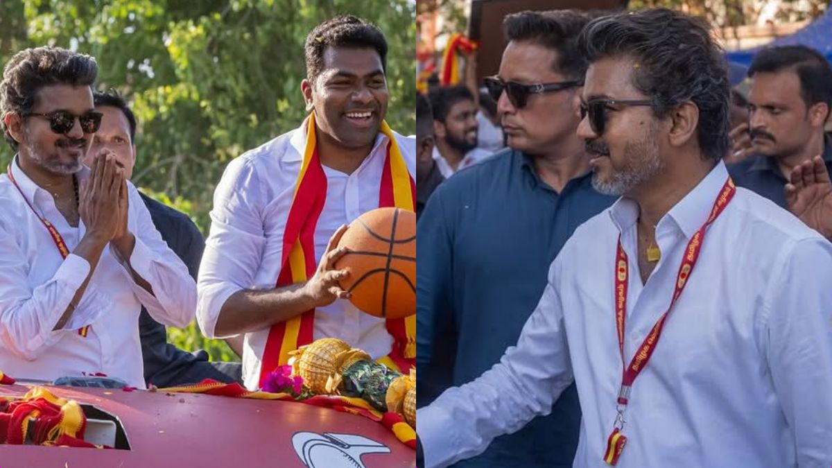 Actor Vijay interacting with people during a TVK party event in Tamil Nadu.