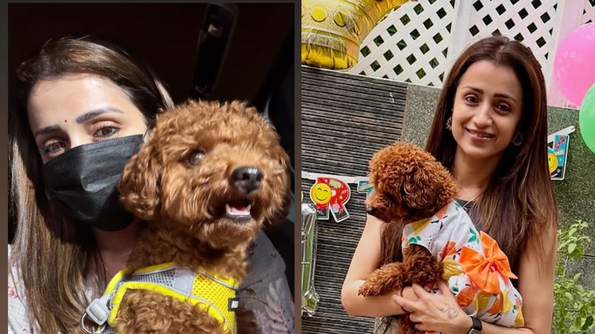 Actress Trisha Krishnan wearing a mask and holding her dog Izzy at a temple on Hanuman Jayanti 2026.
