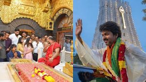 TVK President Vijay offering prayers and touching the feet of Shirdi Sai Baba in Maharashtra ahead of election results.