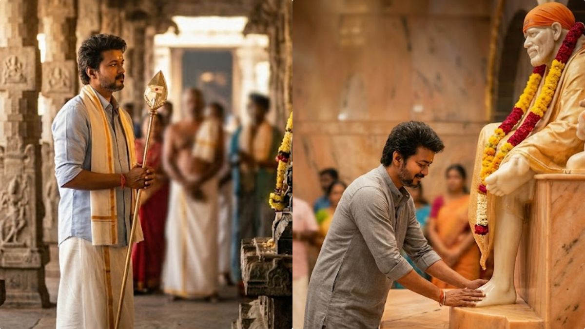 A collage of TVK President Vijay's spiritual journey, showing him in deep prayer at Tiruchendur Murugan Temple and Shirdi Sai Baba Temple in Maharashtra.
