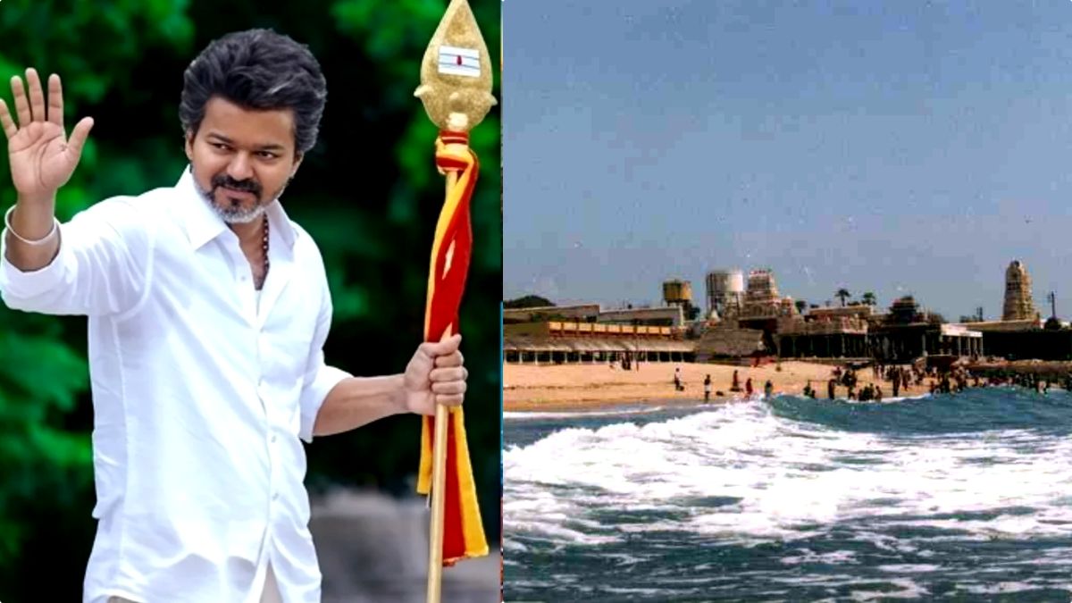 TVK President Vijay in traditional silk dhoti holding a Vel at Thiruchendur Murugan Temple.