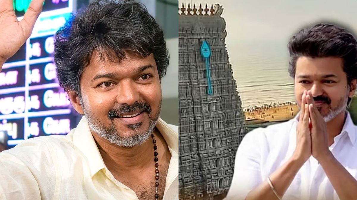 TVK leader Vijay in a traditional silk dhoti and shawl offering prayers at the Thiruchendur Murugan Temple.