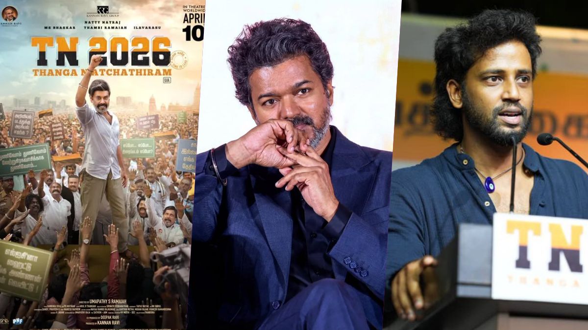 A visual collage of director Umapathy Ramaiah at the TN 2026 press meet, the TN 2026 movie poster, and Actor Vijay.