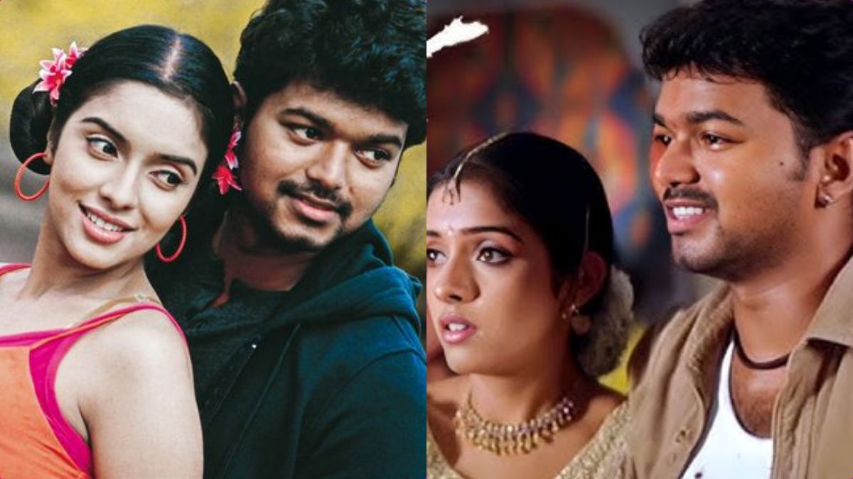 Actor Vijay and actress Asin in a classic romantic scene from the 2005 movie Sivakasi.