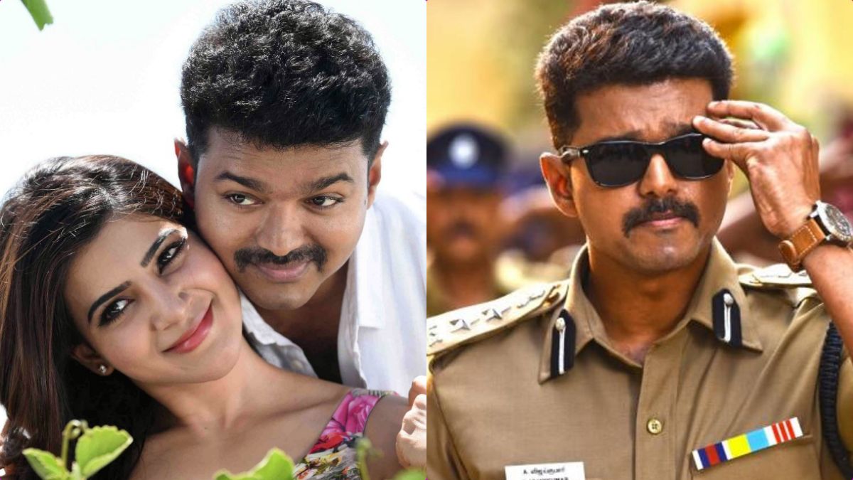 A collection of iconic stills from Thalapathy Vijays movie Theri featuring Joseph Kuruvilla, Vijay Kumar IPS, and Dharmeshwar looks.