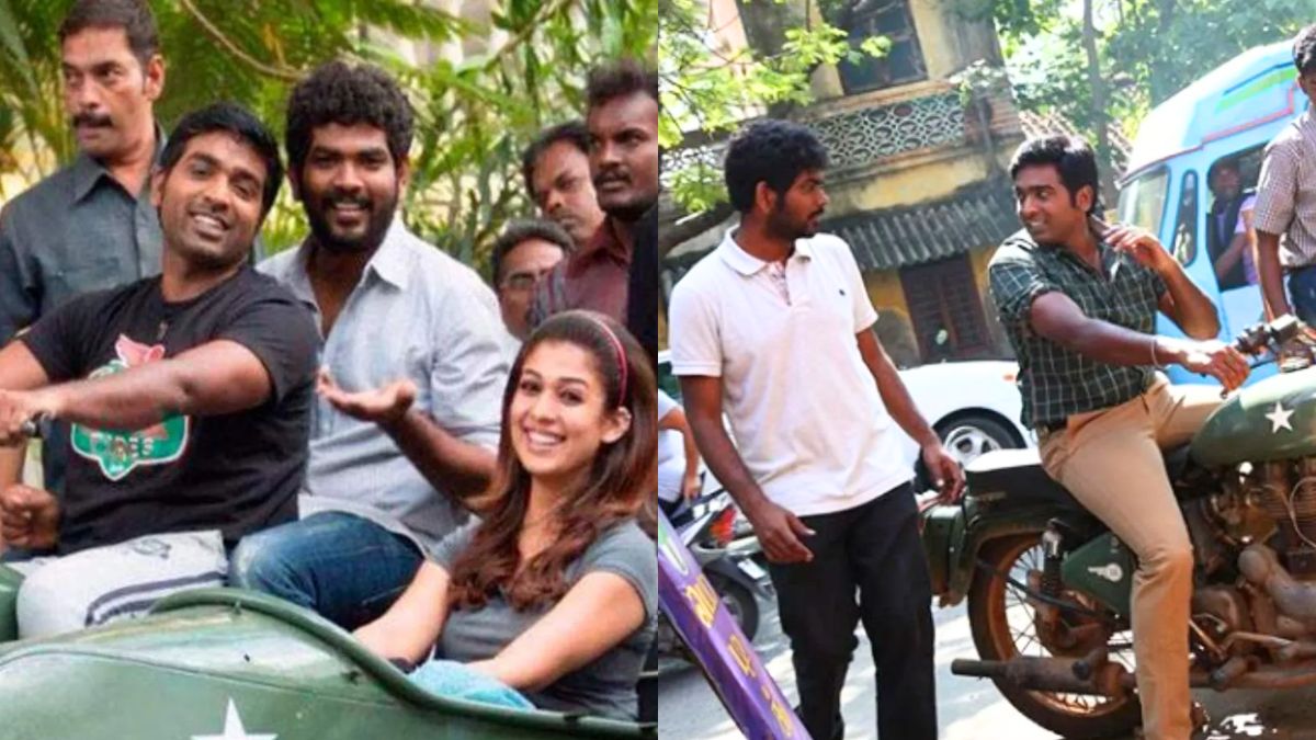 Vijay Sethupathi and Nayanthara with director Vignesh Shivan during the shooting of the 2015 Tamil movie Naanum Rowdy Dhaan.