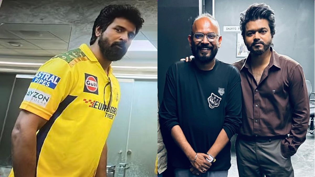 A high-intensity cinematic still of Thalapathy Vijay handing over a gun to Sivakarthikeyan in the climax of The GOAT.