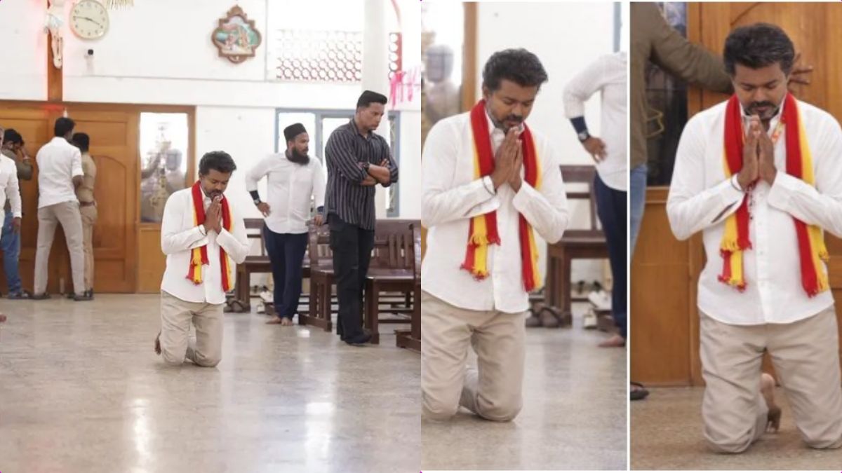 TVK Leader Vijay walking on his knees inside St. Antony’s Church in Trichy during his 2026 election campaign.