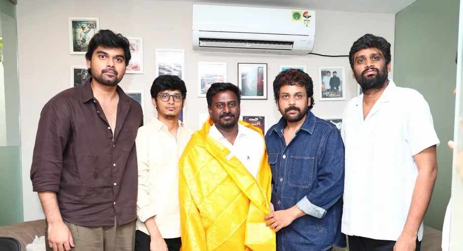 Director H. Vinoth and Minister Thiru. Rajmohan Arumugam attending the launch pooja of Akash Murali's debut movie with Romeo Pictures.