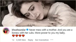 Screenshot layout of Aarti Ravi's Instagram warning post and actress Khushbu Sundar's supportive comment.