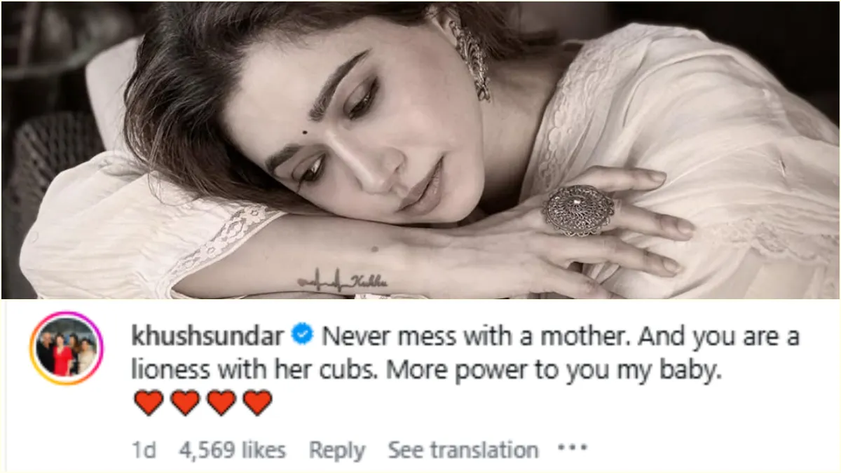 Screenshot layout of Aarti Ravi's Instagram warning post and actress Khushbu Sundar's supportive comment.