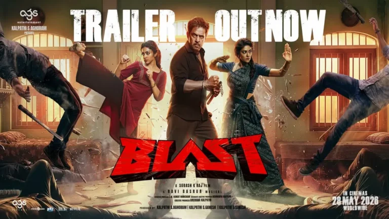 Official trailer poster layout of Blast movie starring Action King Arjun, Preity Mukundhan, and Abhirami.