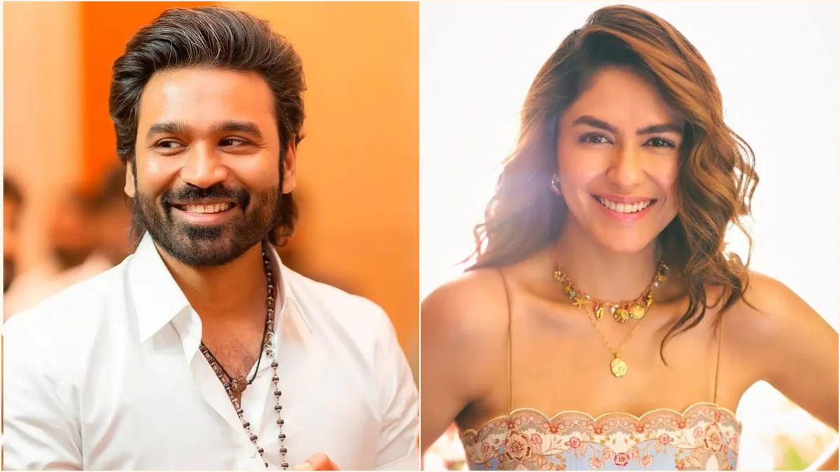 Actor-director Dhanush and Bollywood actress Mrunal Thakur sharing a stage during a recent corporate film screening event.