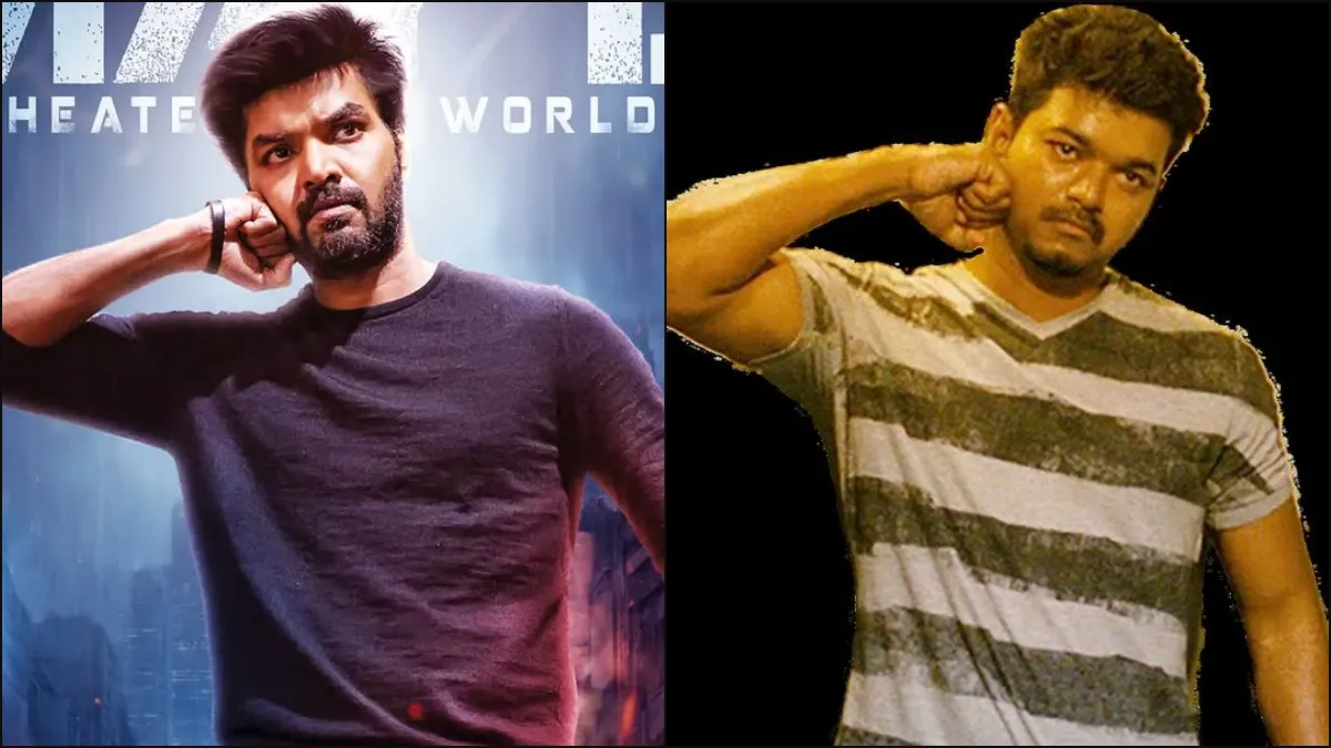 Actor Jai speaking in the style of CM Vijay at a movie event with a bold Tamil quote.